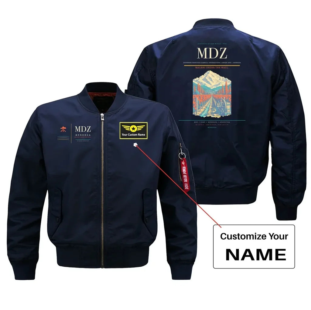 Governor Francisco Gabrielli International Airport (MDZ) design on blue bomber jacket with custom name patch