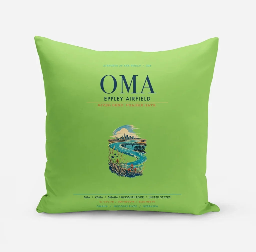 Omaha Eppley Airfield (OMA) design on light green pillow