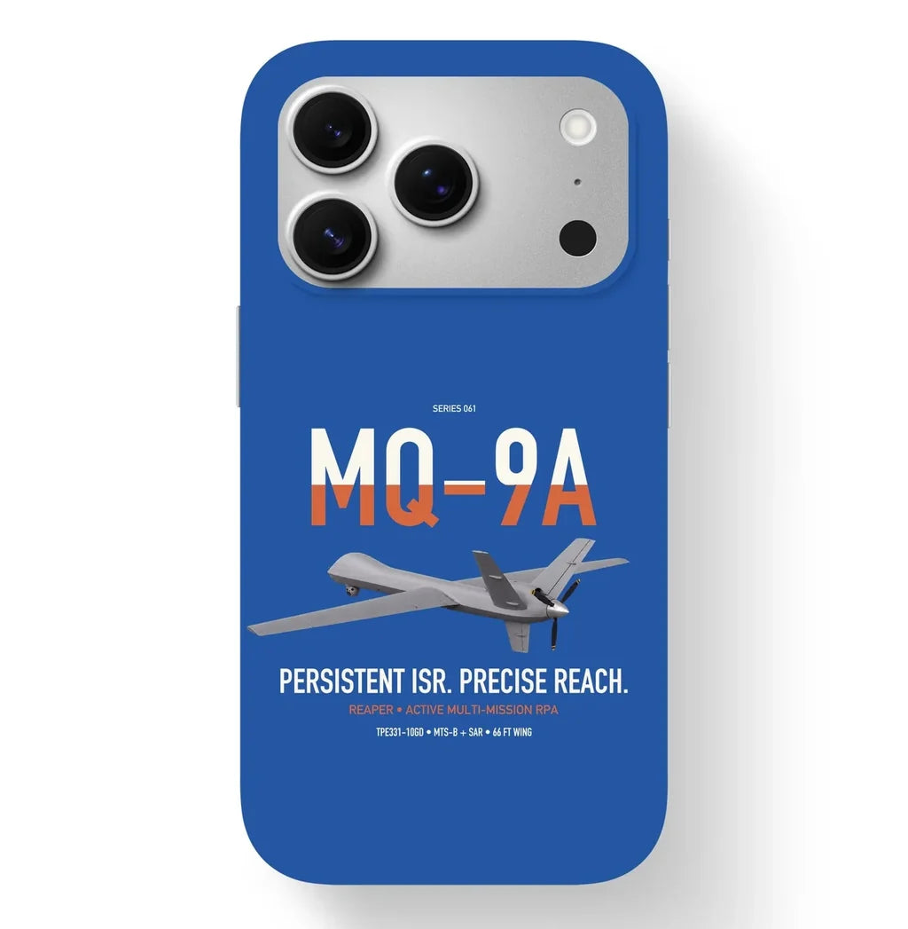 MQ-9A Reaper design on blue magsafe iphone case, for iPhone 17 Pro