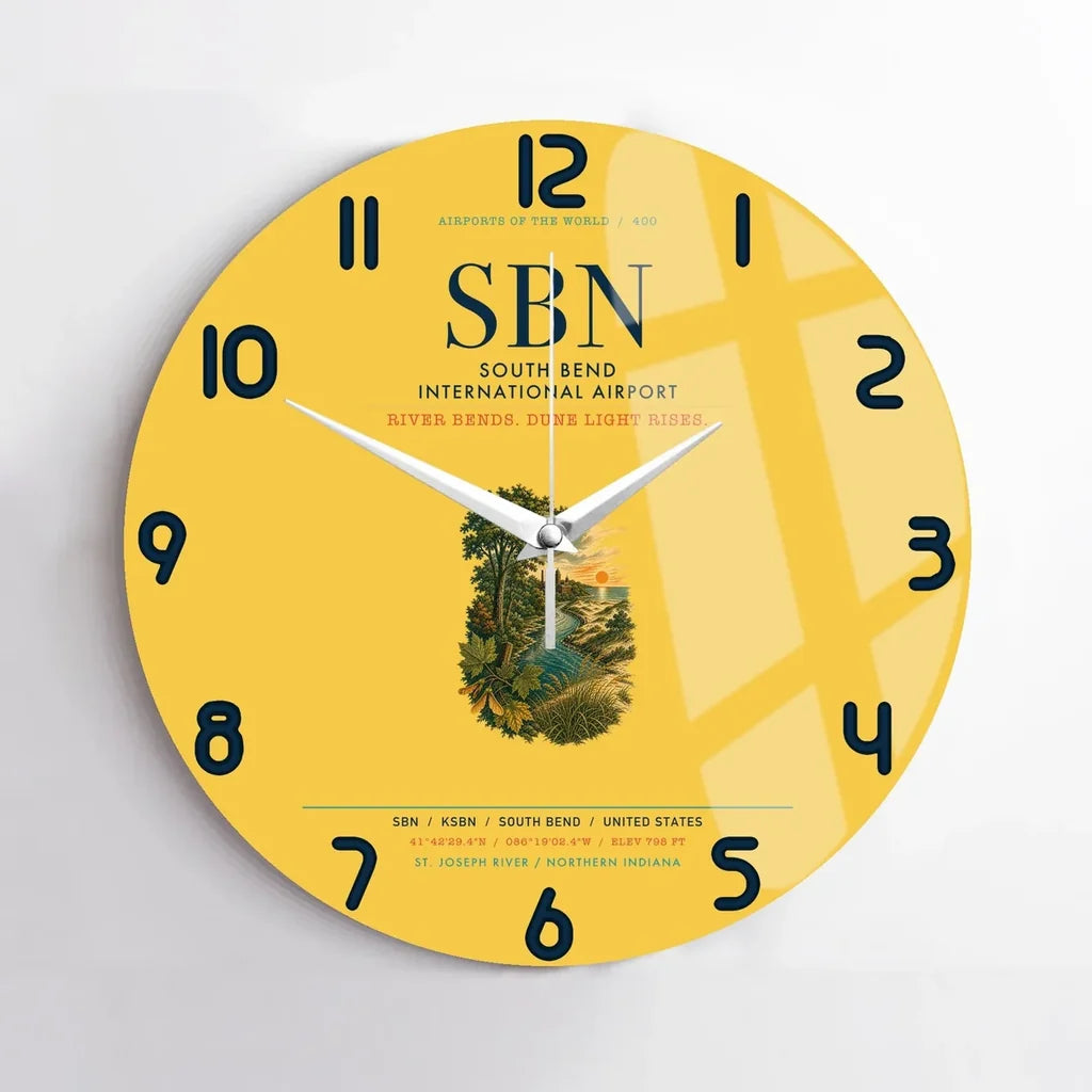 South Bend International Airport (SBN) design on yellow no frame wall clock