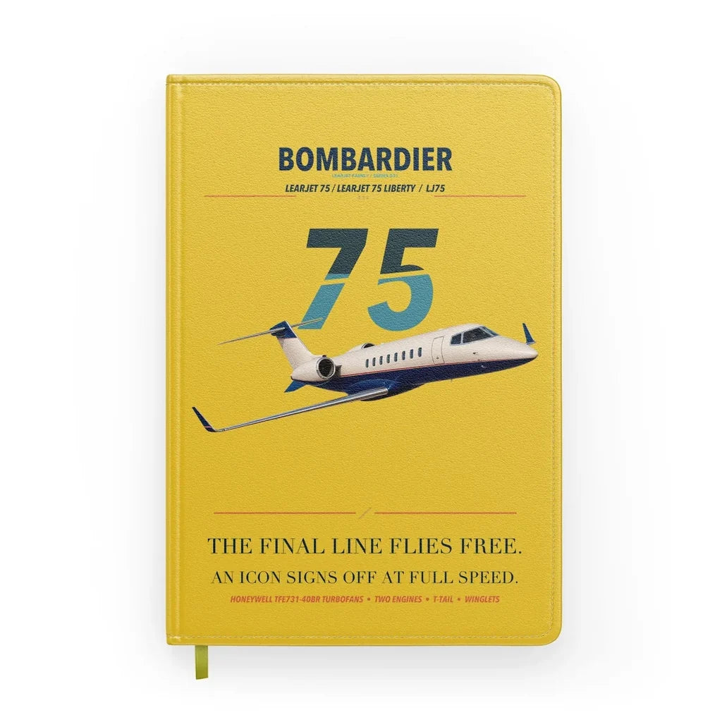 Bombardier Learjet 75 Liberty design on yellow notebook