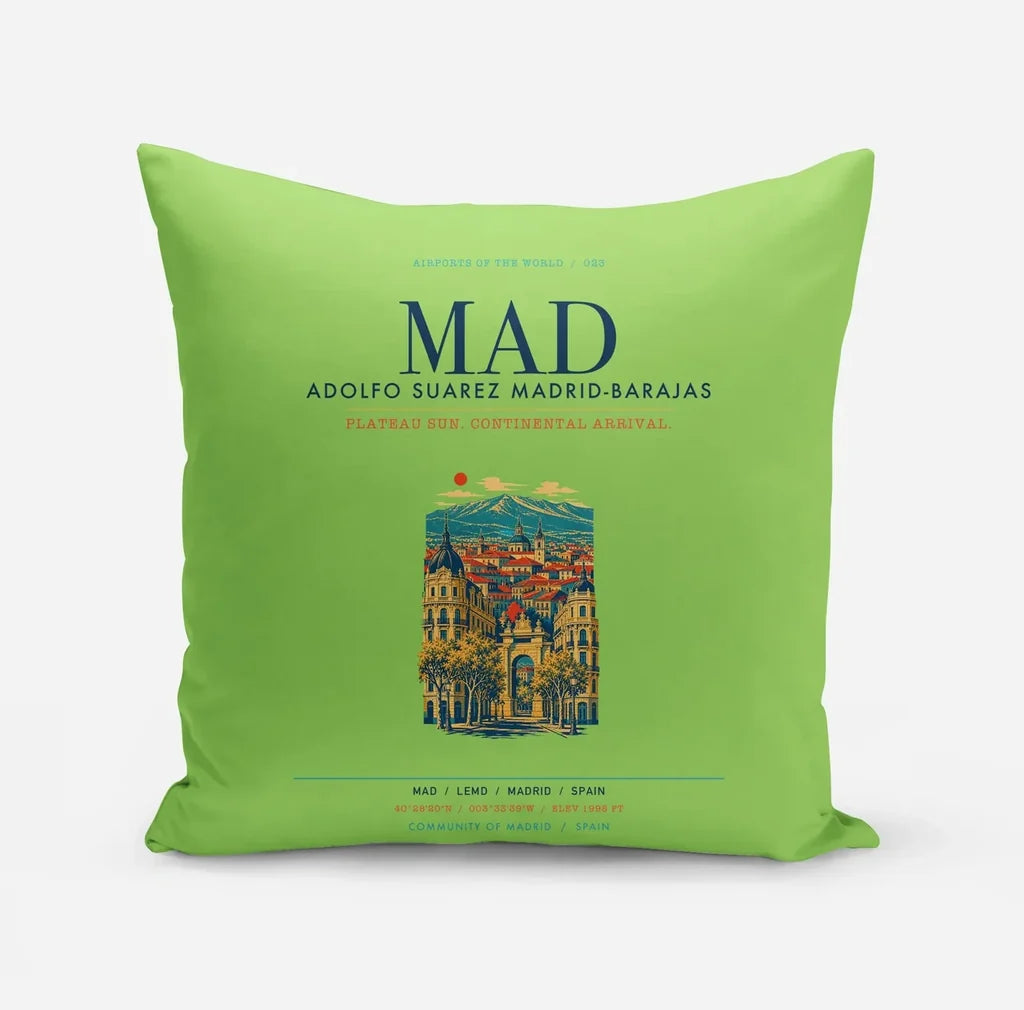 Adolfo Suarez Madrid-Barajas Airport (MAD) design on light green pillow