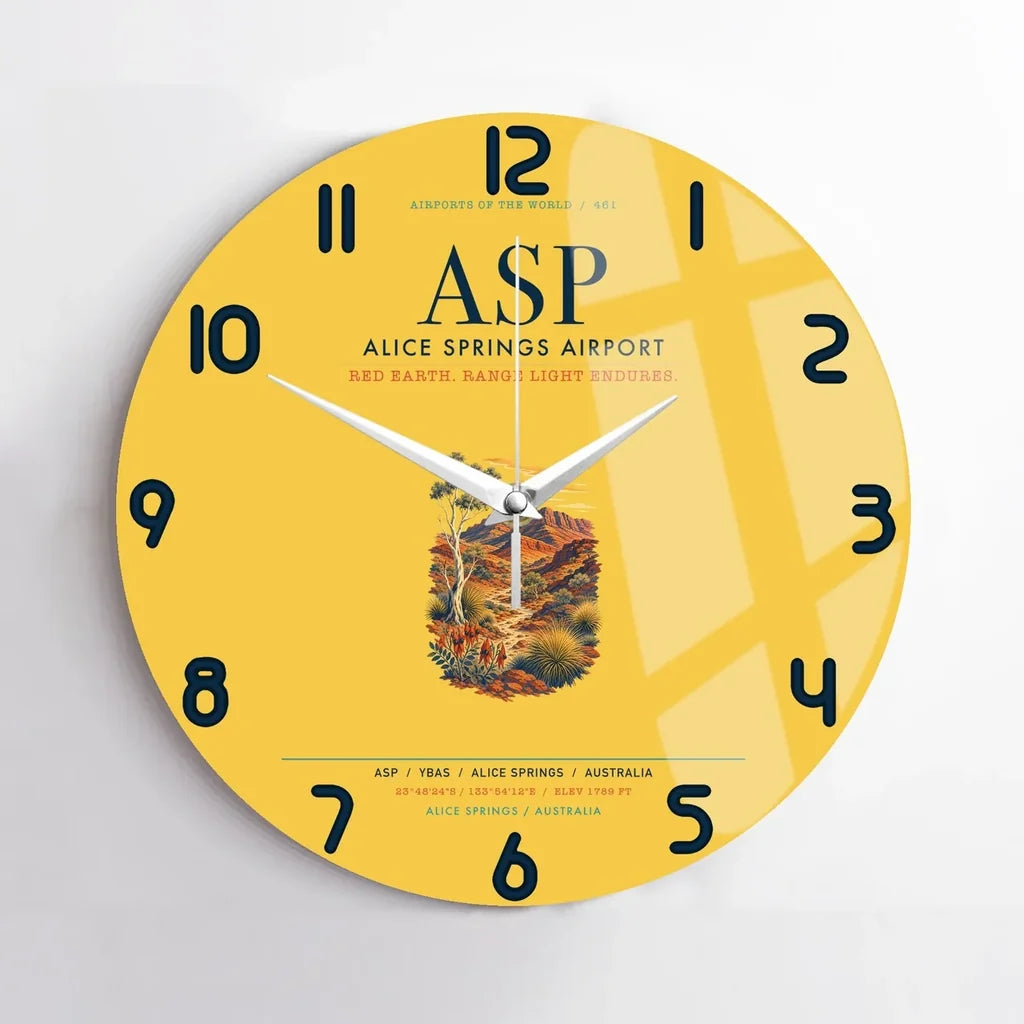 Alice Springs Airport (ASP) design on yellow no frame wall clock