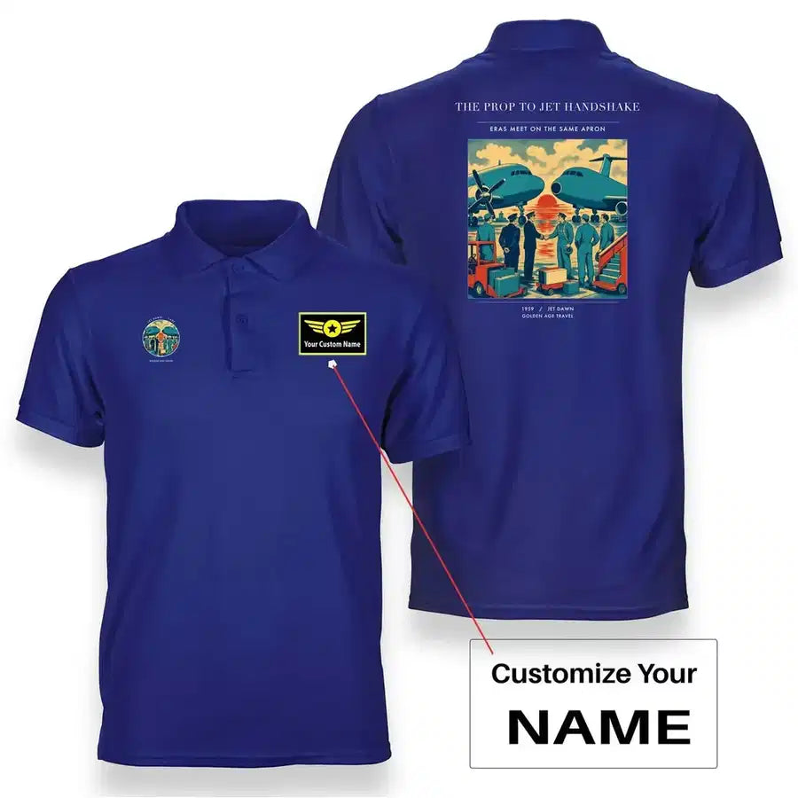 VINTAGE G4385 - The Prop To Jet Handshake - Double-Side Polo T-Shirt design on blue+name
