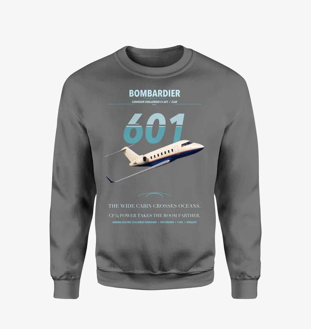Bombardier Challenger 601 design on gray sweatshirt