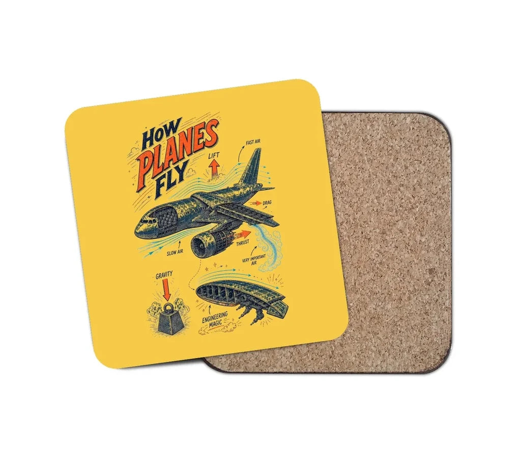 How Planes Fly V2 design on yellow 1 piece coaster