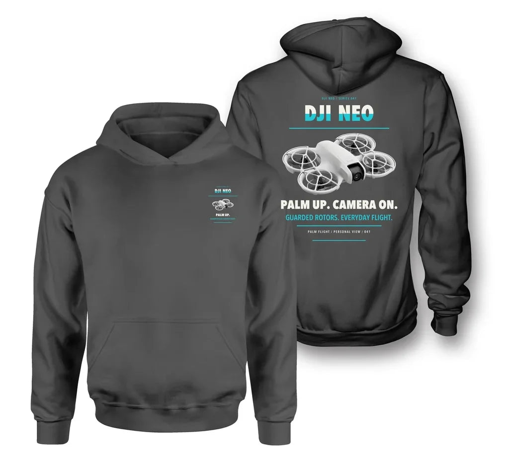 DJI Neo design on dark gray hoodie