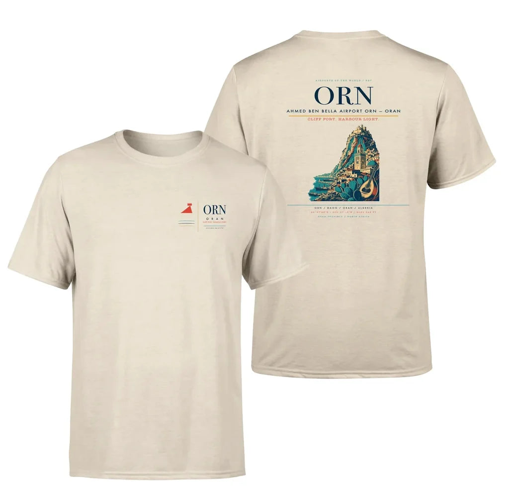 Ahmed Ben Bella Airport (ORN) design printed on beige double-side t-shirt