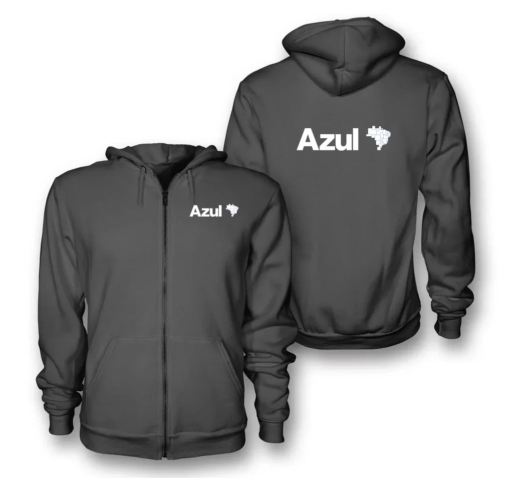 Azul Airlines logo on dark gray zipped hoodie