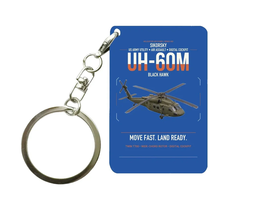 Sikorsky UH-60M Black Hawk design on blue designed key chain, double-side print