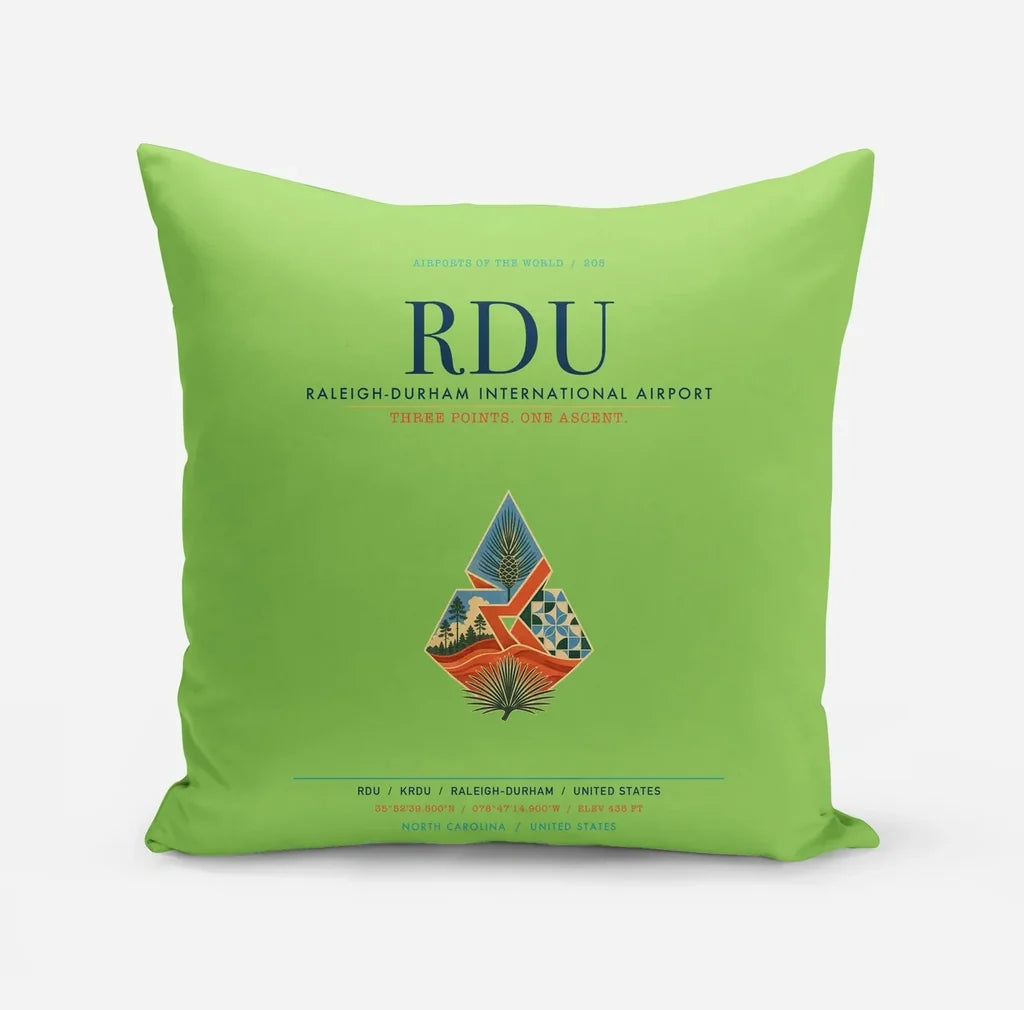Raleigh-Durham International Airport (RDU) design on light green pillow