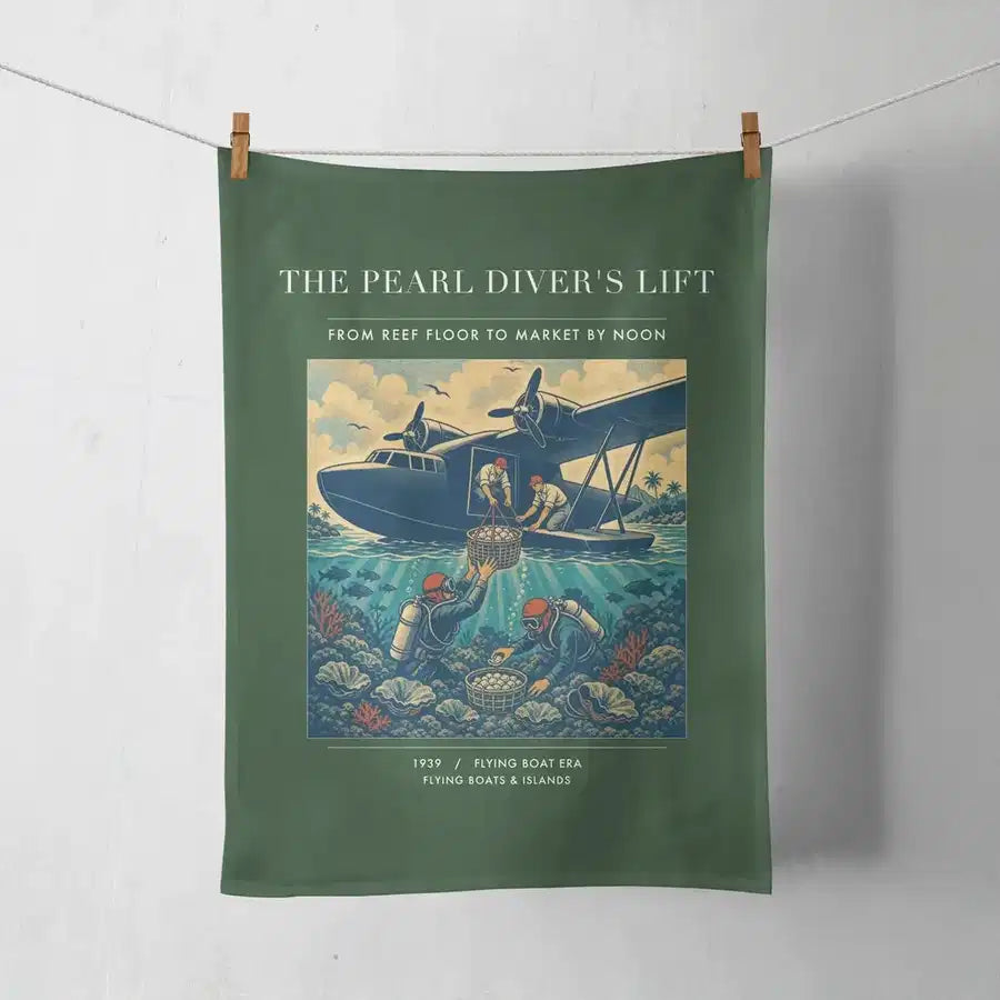 VINTAGE G4271 - The Pearl Diver's Lift - Designed Towels design on darkgreen