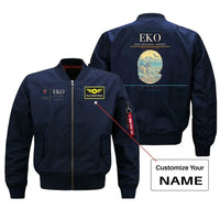 Thumbnail for Elko Regional Airport (EKO) design on blue bomber jacket with custom name patch