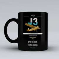 Thumbnail for Piper J-3 Cub design on black ceramic mug, double-side print