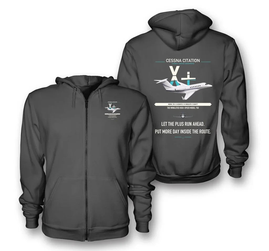 Cessna Citation X+ design on dark gray premium zipped hoodie, double-side print