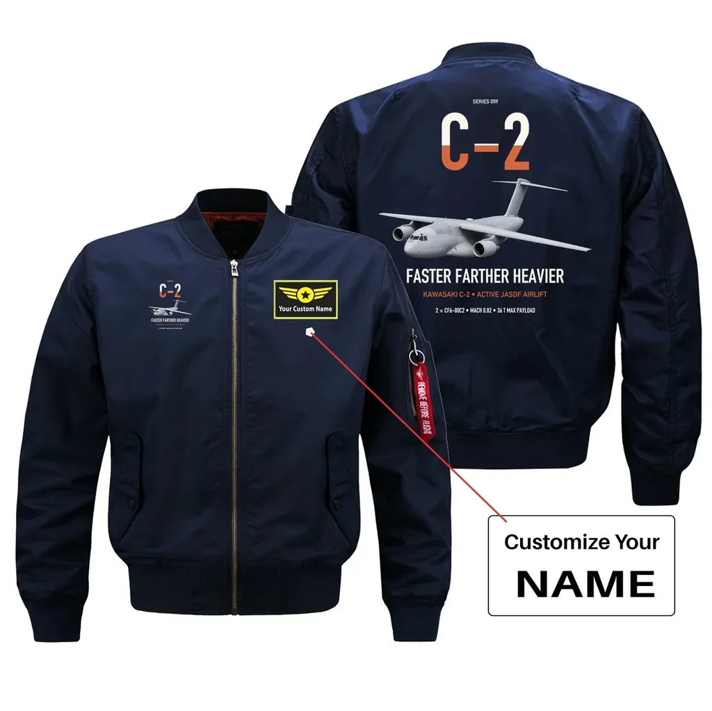 Kawasaki C-2 design on blue+name bomber jacket, double-side print