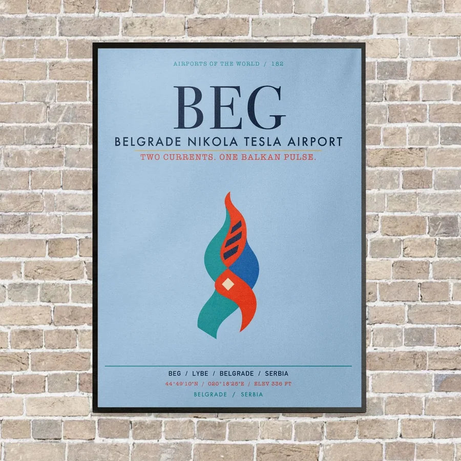 Belgrade Nikola Tesla Airport BEG vertical canvas print - framed - light blue background