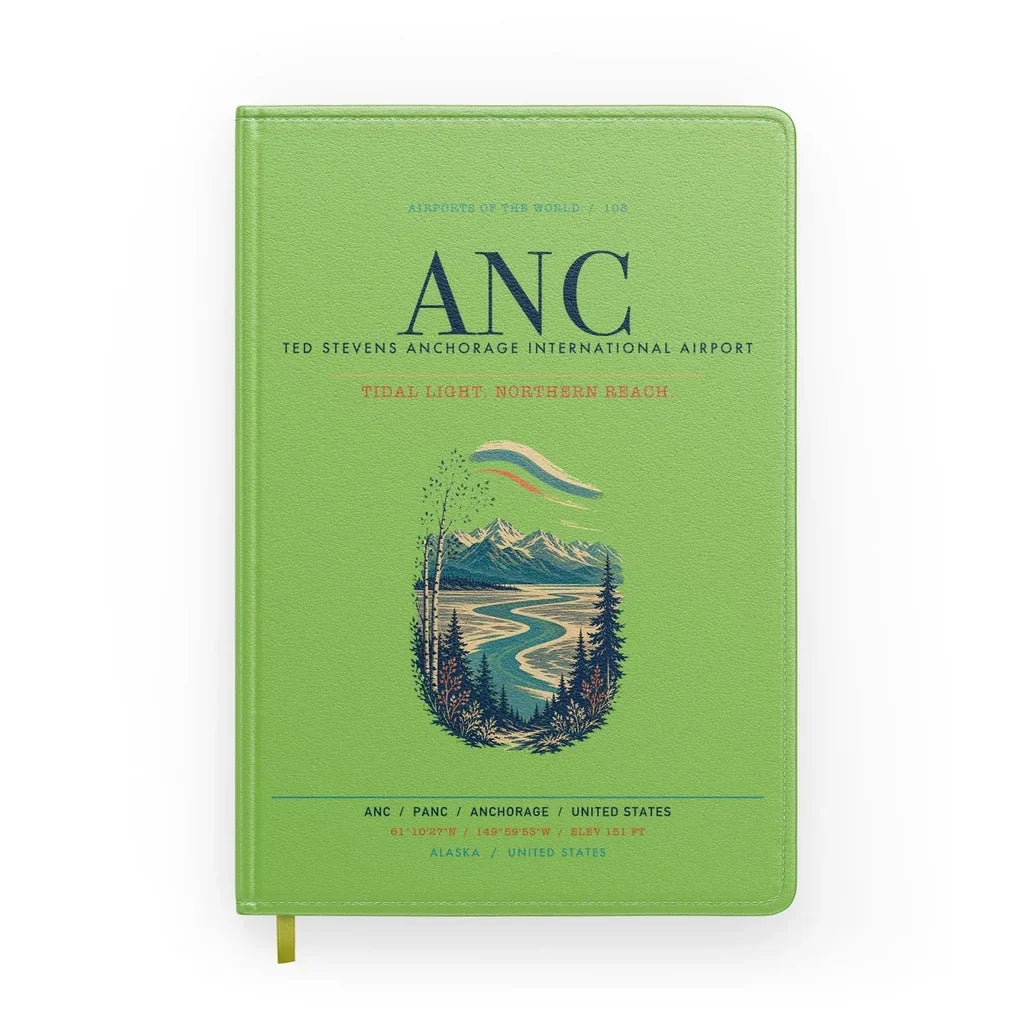 Ted Stevens Anchorage International Airport (ANC) design on light green notebook