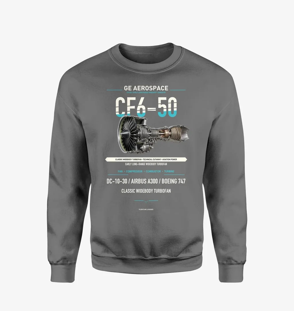 CF6-50 design on gray sweatshirt