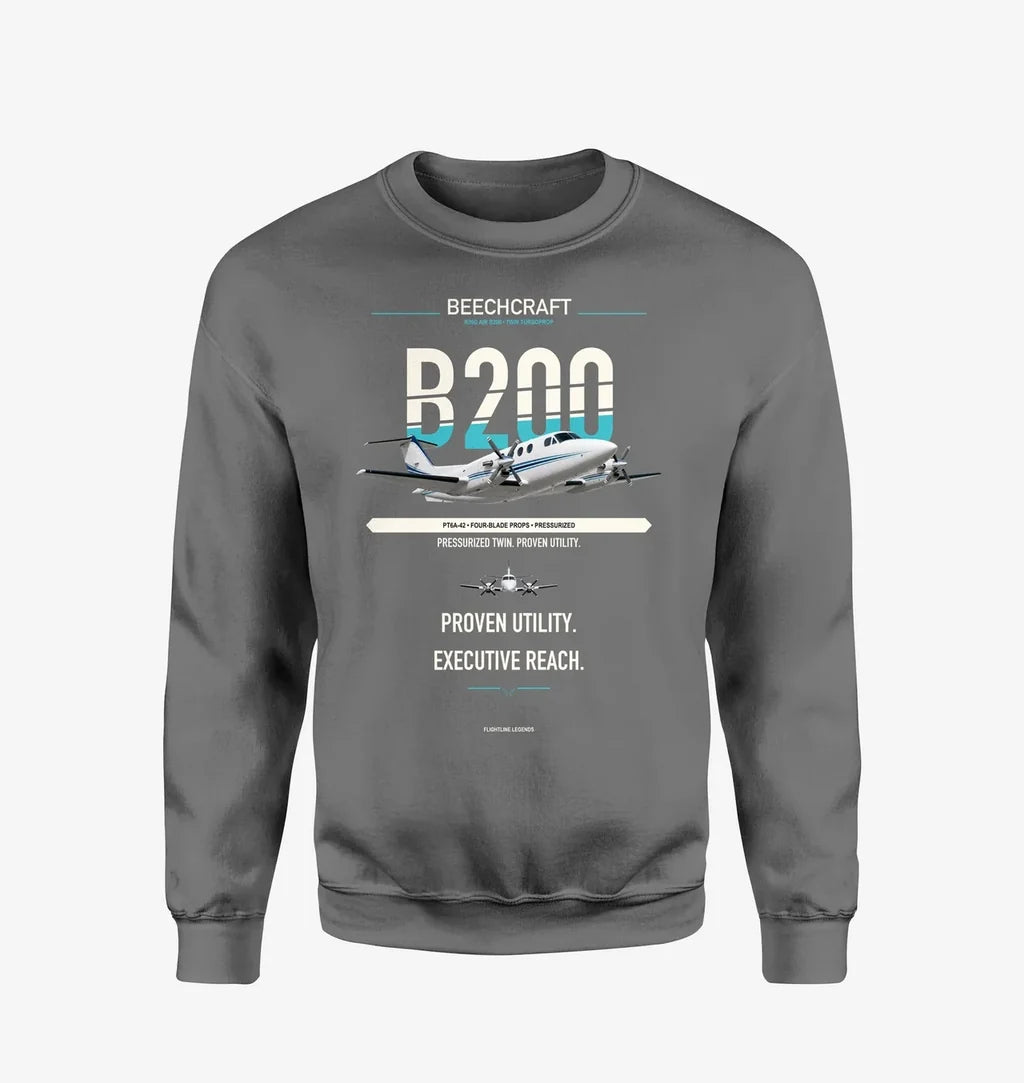 Beechcraft King Air B200 design on gray sweatshirt