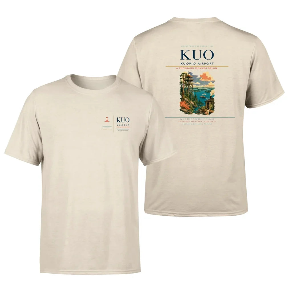 Kuopio Airport (KUO) design printed on beige double-side t-shirt