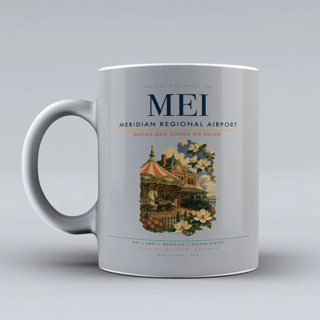 Meridian Regional Airport (MEI) airport code design on light gray ceramic mug