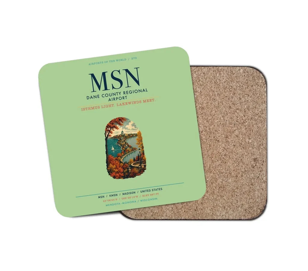 Dane County Regional Airport Madison (MSN) design on light green 1 piece coaster