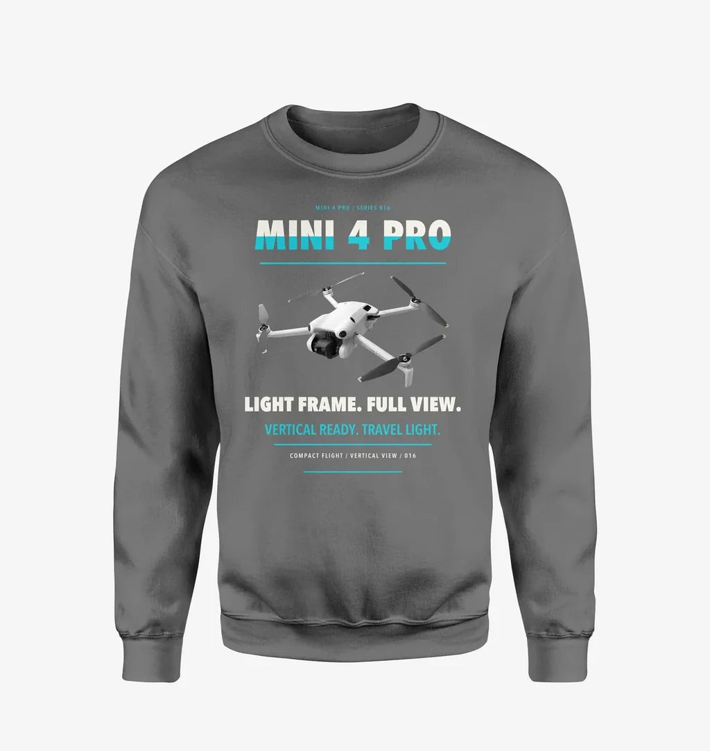 DJI Mini 4 Pro design on gray sweatshirt