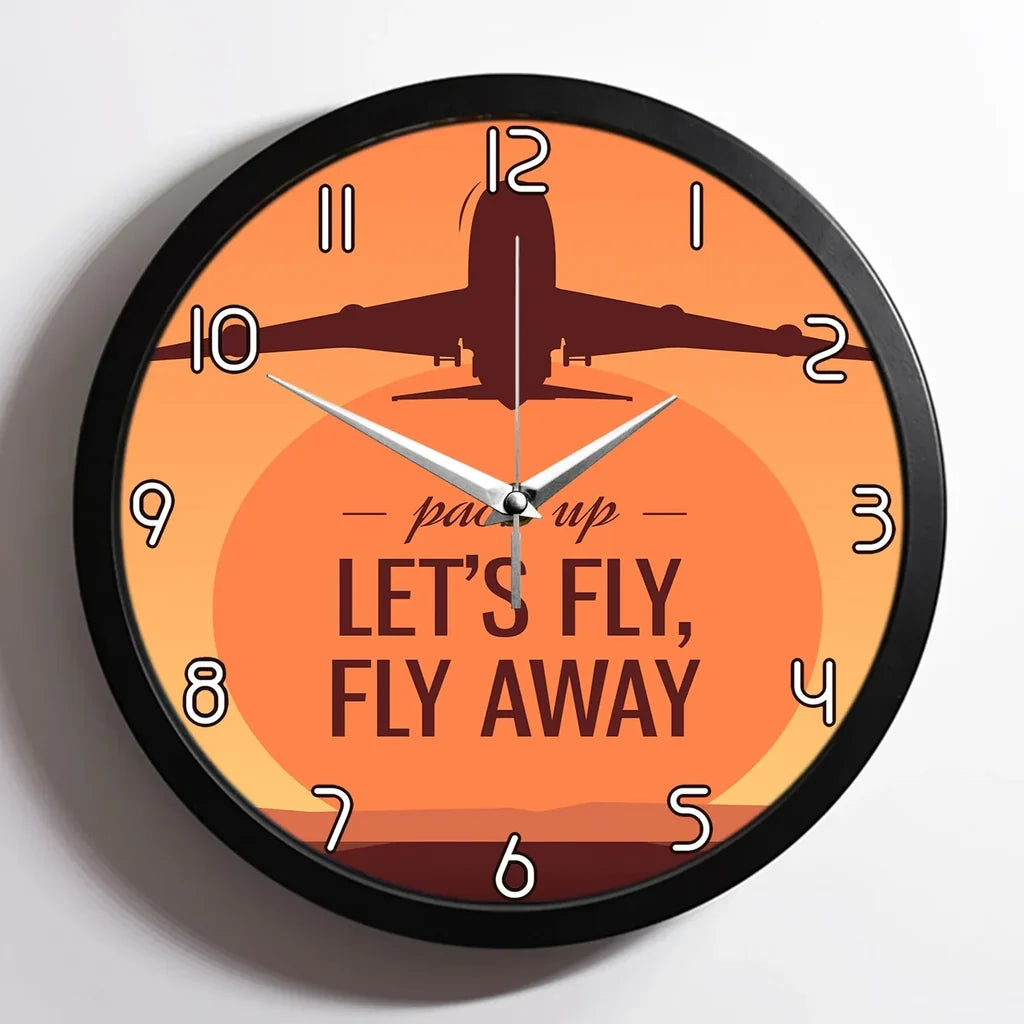 Let's Fly Away aviation design on premium wood and metal wall clock.