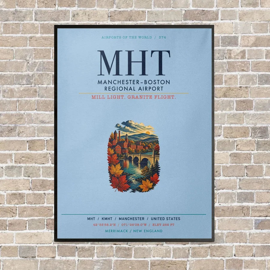 Manchester–Boston Regional Airport MHT vertical canvas print - framed - light blue background