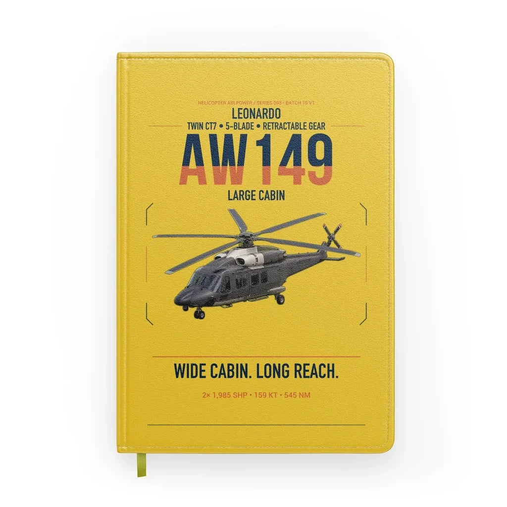 Leonardo AW149 design on yellow notebook