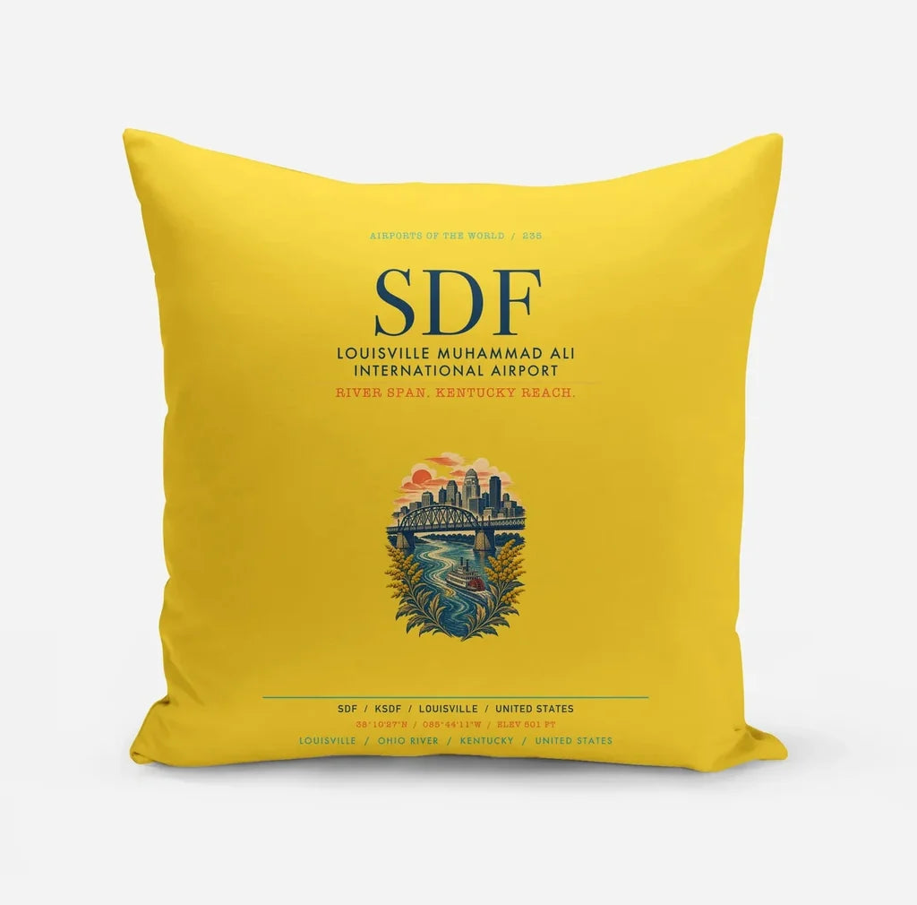 Louisville Muhammad Ali International Airport (SDF) design on yellow pillow