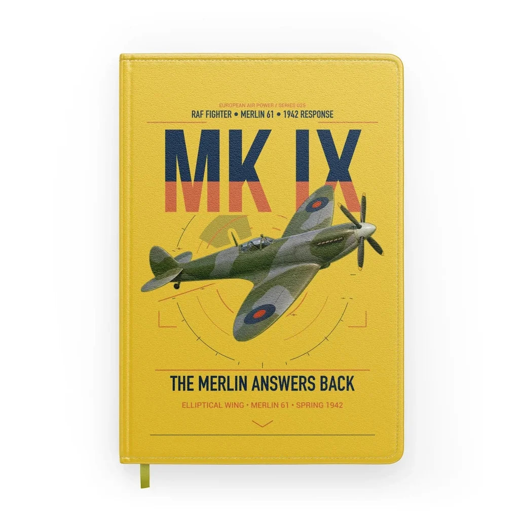 Supermarine Spitfire Mk IX design on yellow notebook