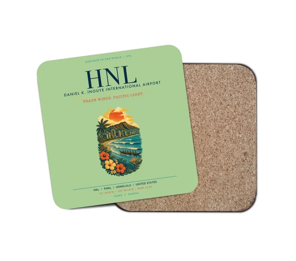 Honolulu Daniel K. Inouye International Airport (HNL) design on light green 1 piece coaster