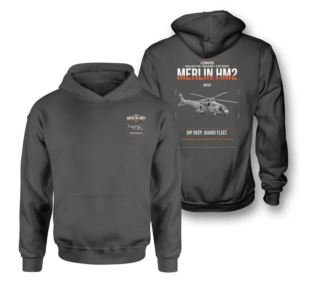 Leonardo AW101 Merlin HM2 design on dark gray double-side hoodie, double-side print