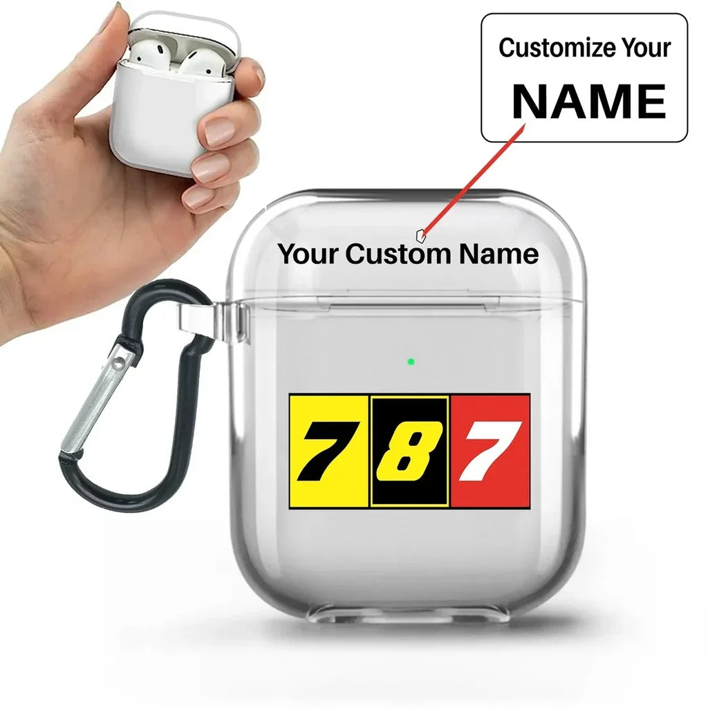 Flat Colourful 787 AirPods transparent case - With Buckle +Name