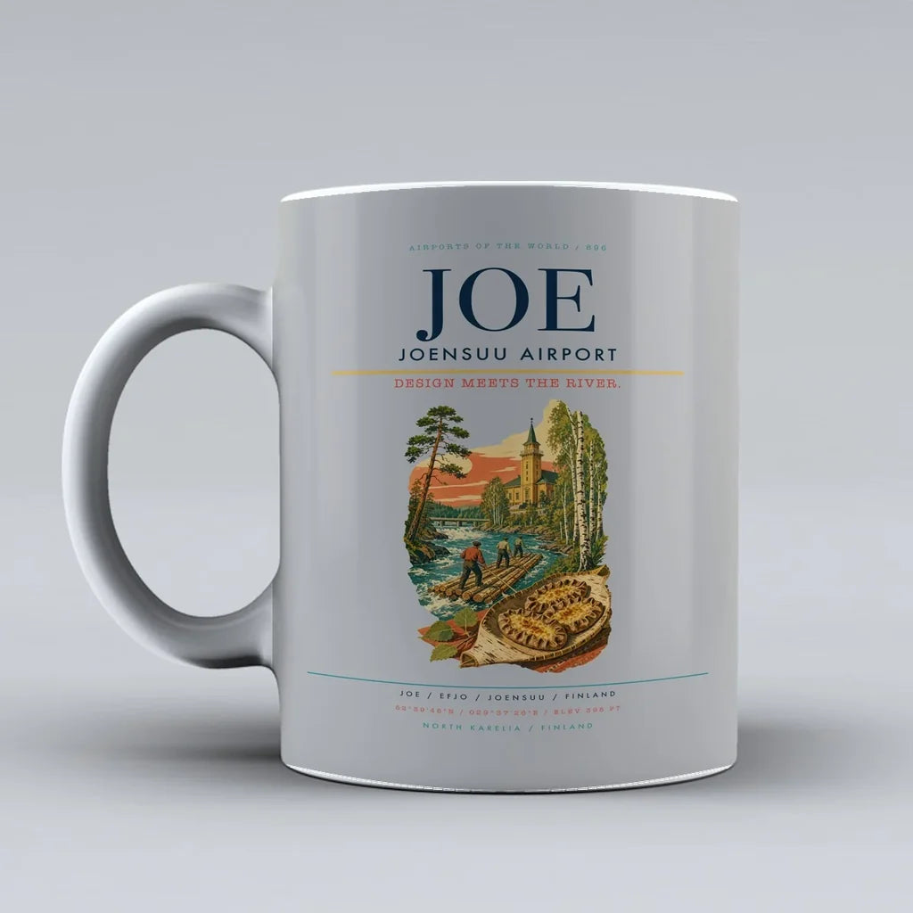 Joensuu Airport (JOE) airport code design on light gray ceramic mug