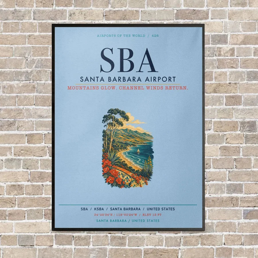 Santa Barbara Airport SBA vertical canvas print - framed - light blue background