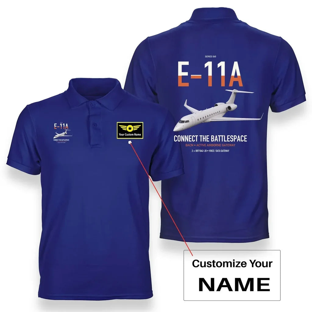 E-11A BACN design on blue+name double-side polo t-shirt, double-side print