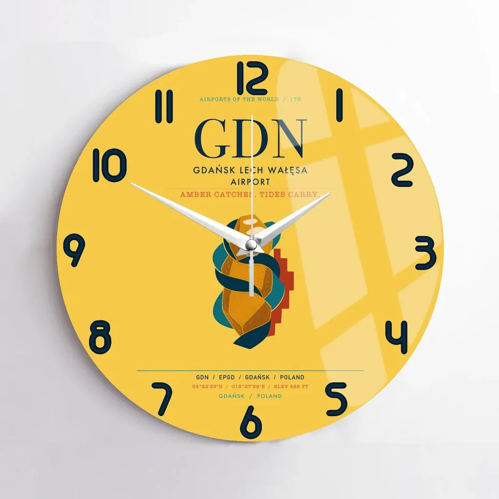 Gdańsk Lech Wałęsa Airport (GDN) design on yellow no frame wall clock