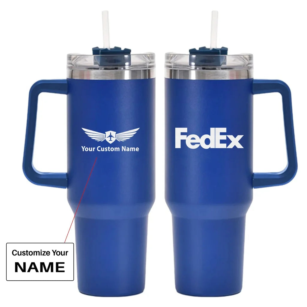 FedEx 40oz Stainless Steel Car Mug With Holder, Blue+Name