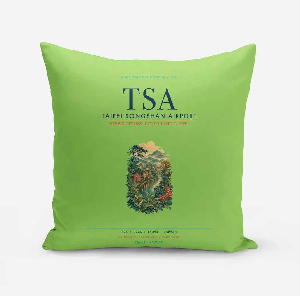 Taipei Songshan Airport (TSA) design on light green pillow