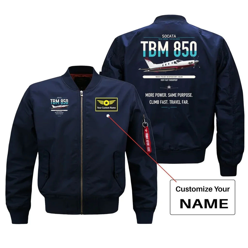 Socata TBM 850 design on blue+name bomber jacket, double-side print