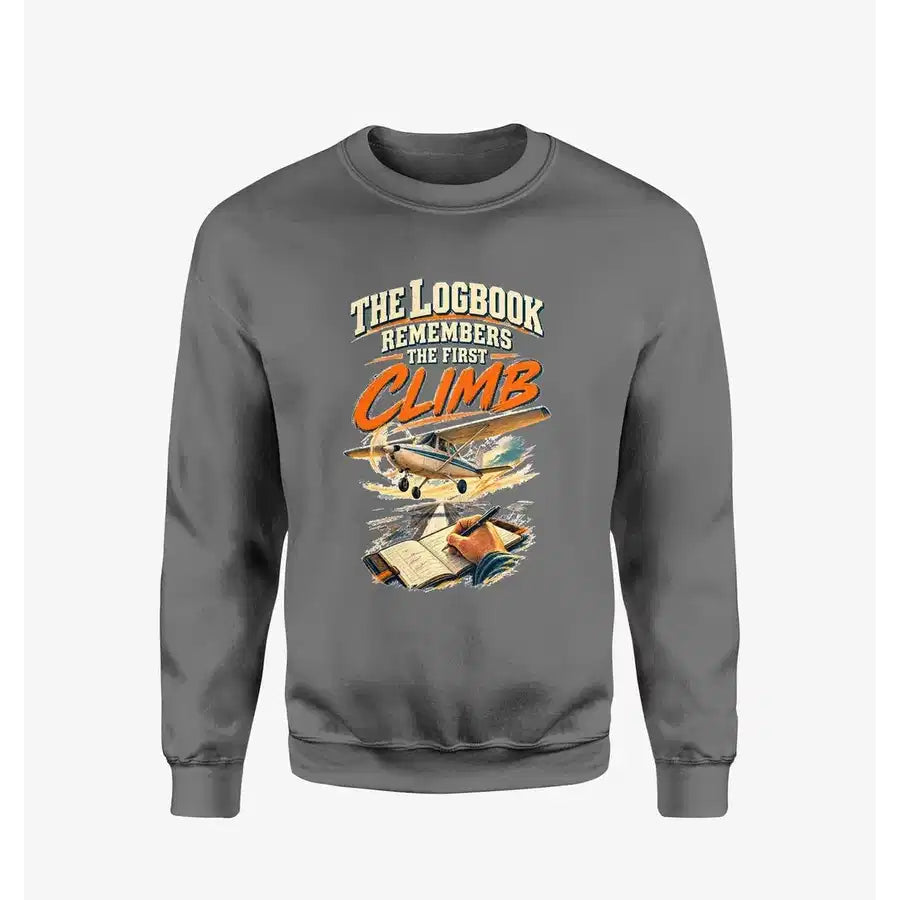 The Logbook Remembers The First Climb design on gray sweatshirt