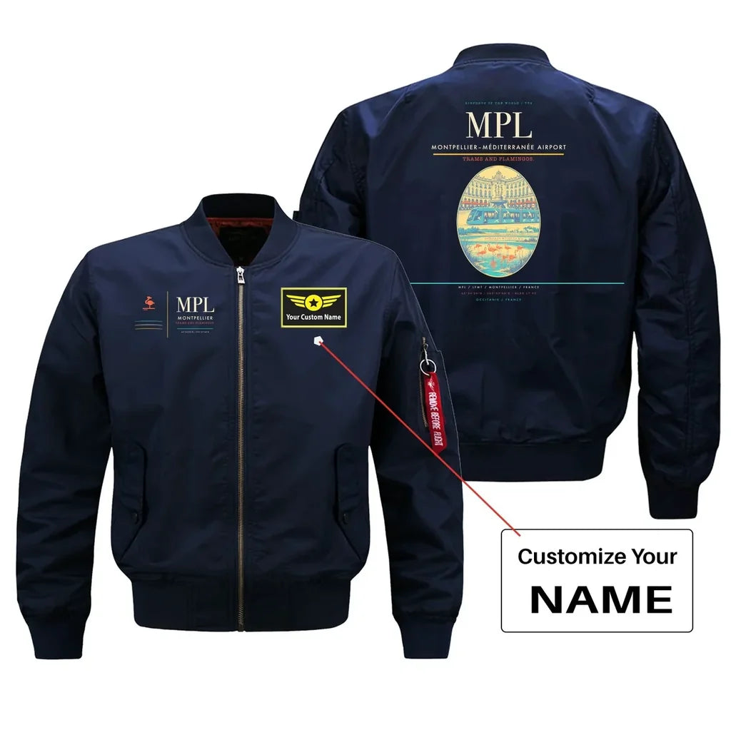 Montpellier–Méditerranée Airport (MPL) design on blue bomber jacket with custom name patch