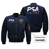 Thumbnail for PSA Airlines aviation design with custom name embroidered on blue bomber jacket