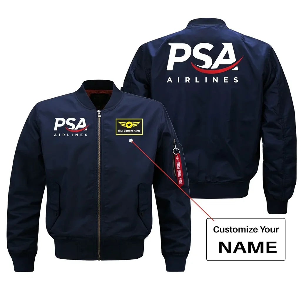 PSA Airlines aviation design with custom name embroidered on blue bomber jacket