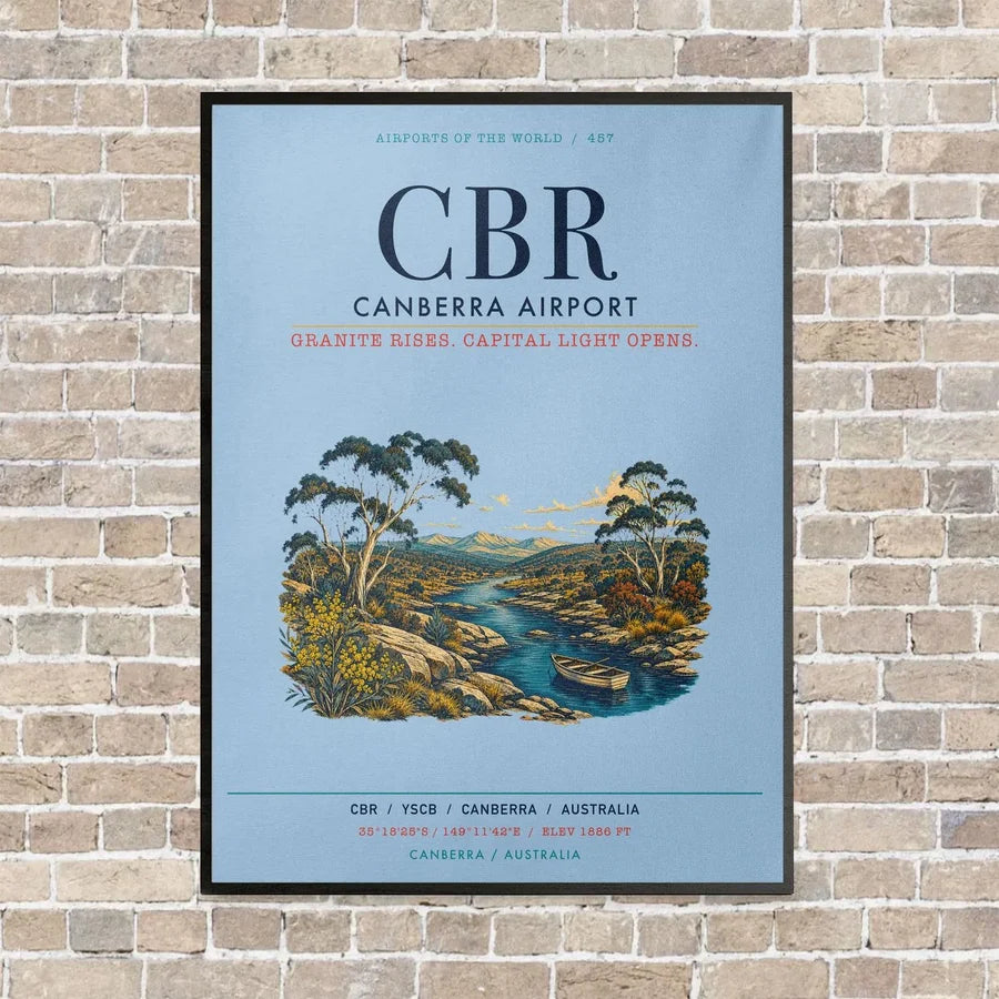 Canberra Airport CBR vertical canvas print - framed - light blue background