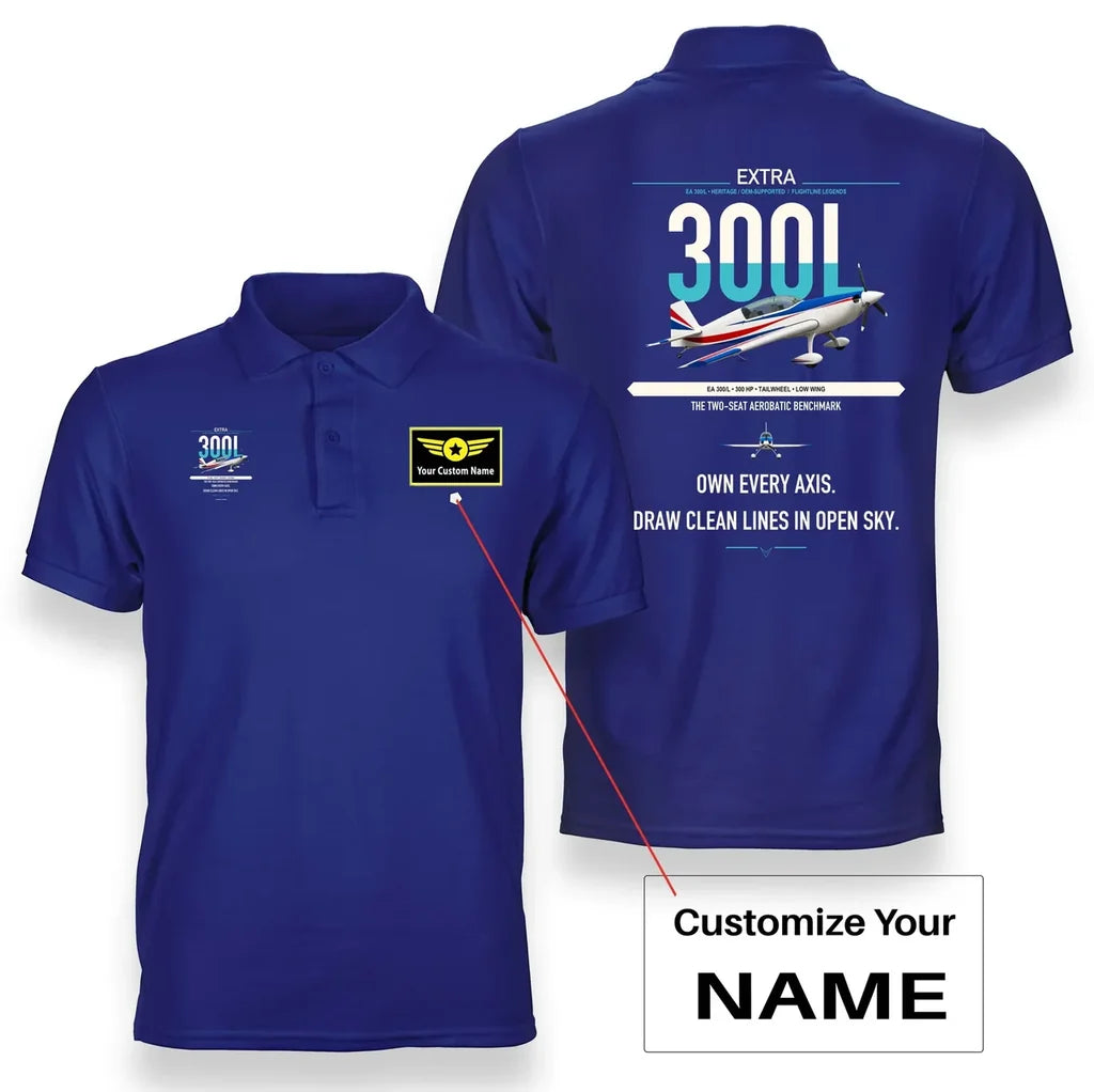 Extra 300L design on blue+name double-side polo t-shirt, double-side print