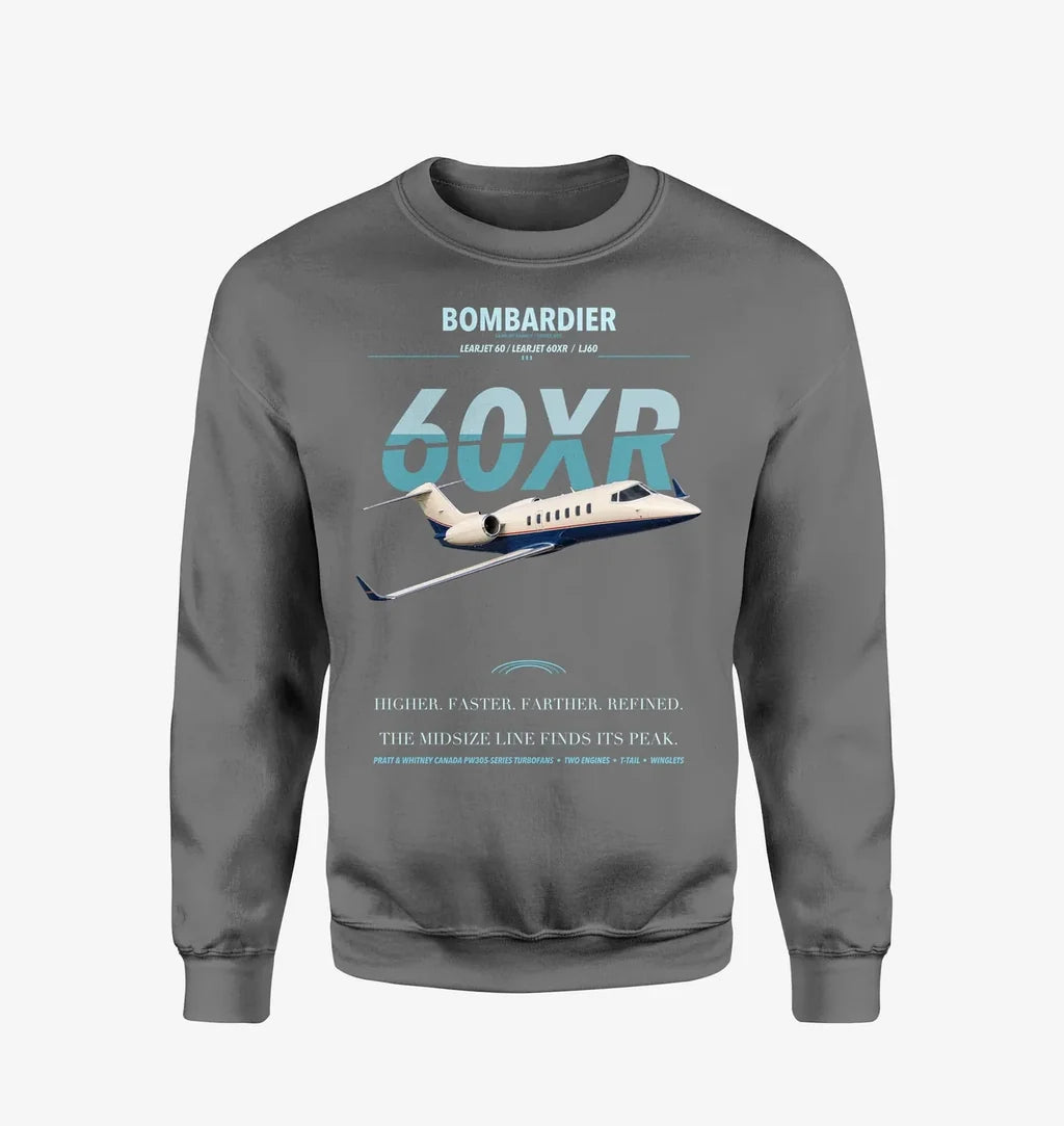 Bombardier Learjet 60XR design on gray sweatshirt